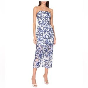 MILLY Kait Floral Garden Embroidered Strapless Dress Blue White Size 4 NWT